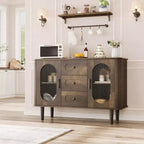 Mobile credenza da 120 cm con 2 ante in vetro scanalato e 3 cassetti, mobile bar da caffè moderno stile fattoria con ripiani regolabili