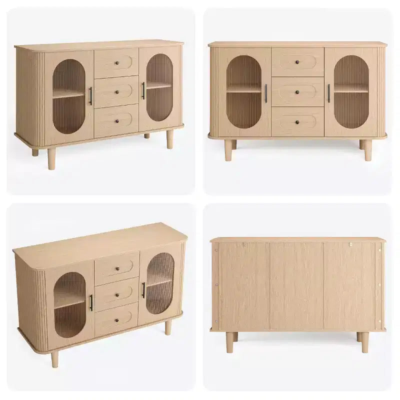 Mobile credenza da 120 cm con 2 ante in vetro scanalato e 3 cassetti, mobile bar da caffè moderno stile fattoria con ripiani regolabili