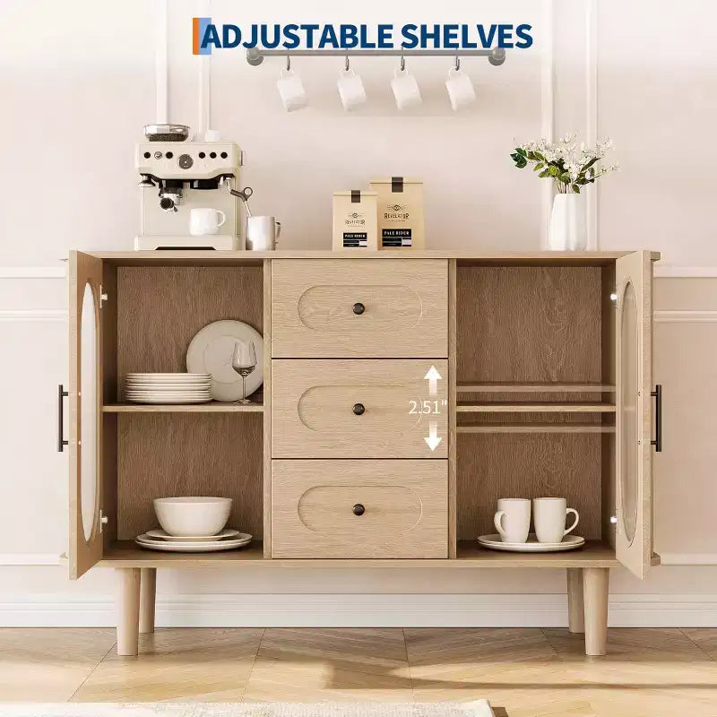 Mobile credenza da 120 cm con 2 ante in vetro scanalato e 3 cassetti, mobile bar da caffè moderno stile fattoria con ripiani regolabili