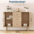 Mobile credenza da 120 cm con 2 ante in vetro scanalato e 3 cassetti, mobile bar da caffè moderno stile fattoria con ripiani regolabili