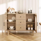Mobile credenza da 120 cm con 2 ante in vetro scanalato e 3 cassetti, mobile bar da caffè moderno stile fattoria con ripiani regolabili