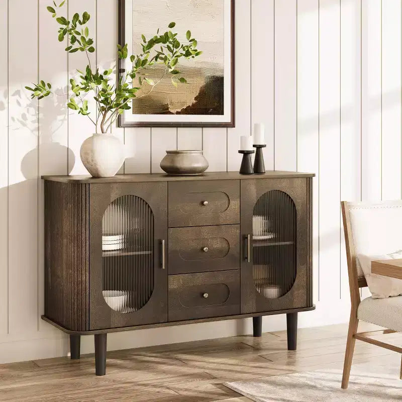 Mobile credenza da 120 cm con 2 ante in vetro scanalato e 3 cassetti, mobile bar da caffè moderno stile fattoria con ripiani regolabili