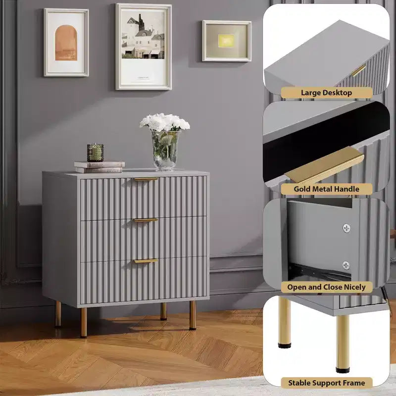 Comò a 3 cassetti per camera da letto, comodino moderno scanalato con cassetti profondi, cassettiera con piano largo, organizer in legno, tavolino