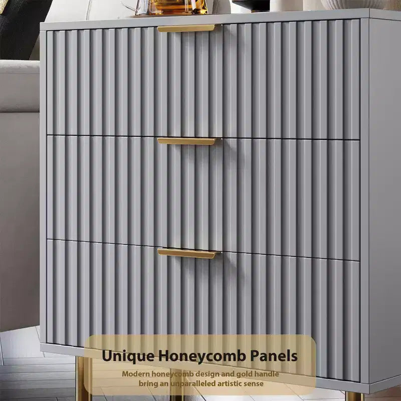Comò a 3 cassetti per camera da letto, comodino moderno scanalato con cassetti profondi, cassettiera con piano largo, organizer in legno, tavolino