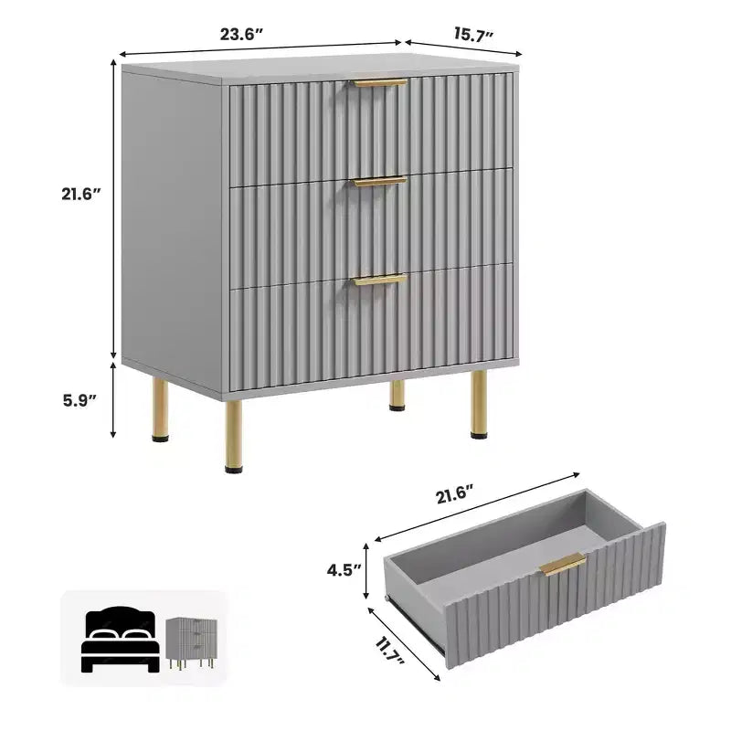 Comò a 3 cassetti per camera da letto, comodino moderno scanalato con cassetti profondi, cassettiera con piano largo, organizer in legno, tavolino