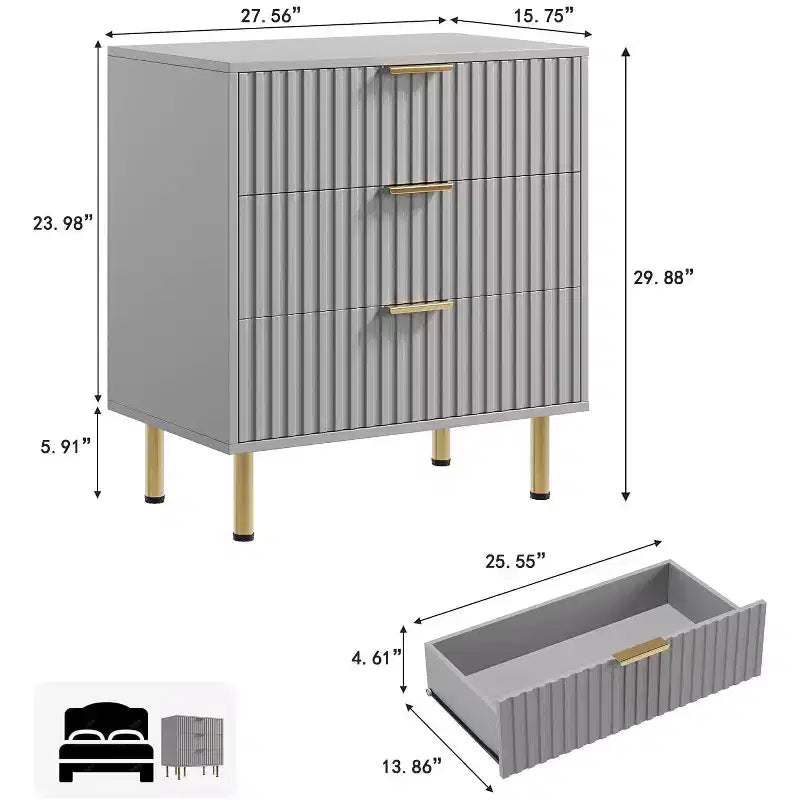 Comò a 3 cassetti per camera da letto, comodino moderno scanalato con cassetti profondi, cassettiera con piano largo, organizer in legno, tavolino