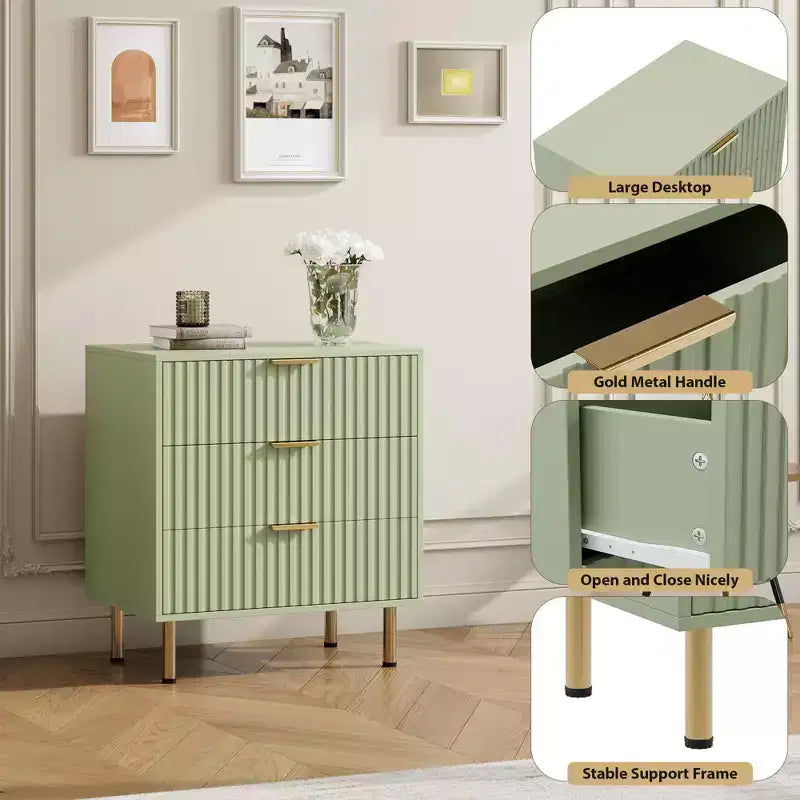 Comò a 3 cassetti per camera da letto, comodino moderno scanalato con cassetti profondi, cassettiera con piano largo, organizer in legno, tavolino