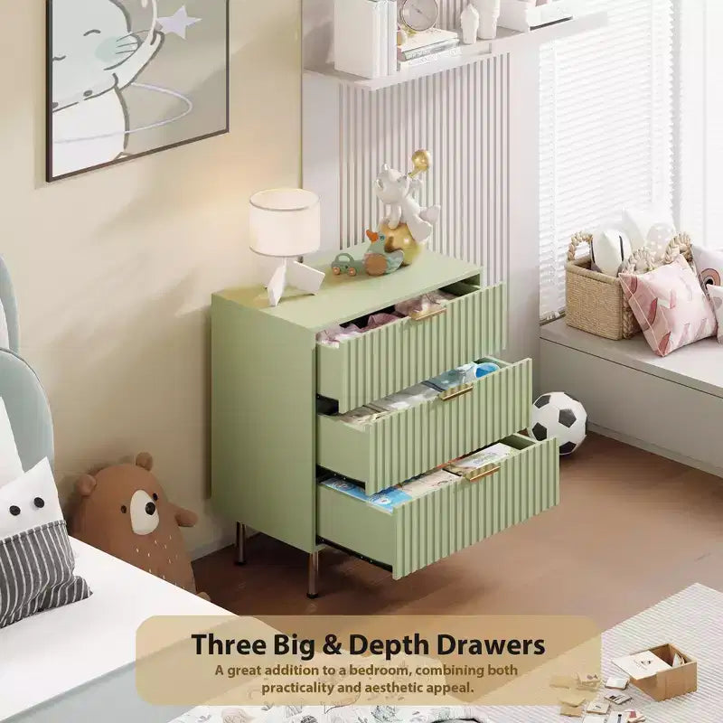 Comò a 3 cassetti per camera da letto, comodino moderno scanalato con cassetti profondi, cassettiera con piano largo, organizer in legno, tavolino