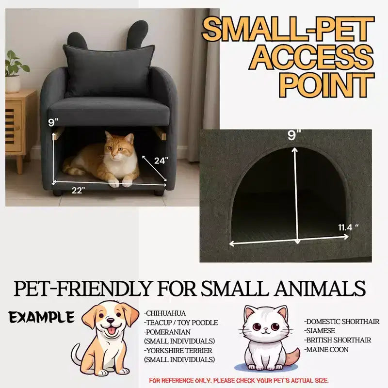 Semplice poltrona con orecchie da coniglio e nascondiglio integrato per cani e gatti, divano singolo Pet-Friendly per camera da letto, soggiorno