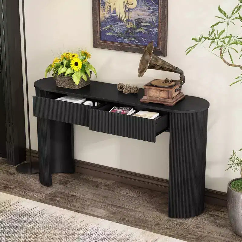 Consolle moderna da 54IN con design a scanalature, tavolo da ingresso con 2 cassetti e piano ovale, tavolino d'accento per corridoio, soggiorno, nero
