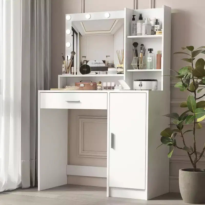Toeletta moderna con specchio e luci LED regolabili, grande scrivania da trucco con tre livelli di contenitori, tavolo da trucco per camere da letto