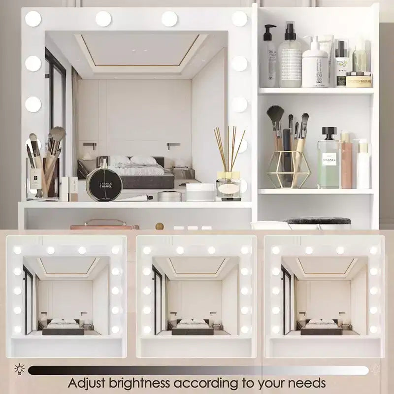 Toeletta moderna con specchio e luci LED regolabili, grande scrivania da trucco con tre livelli di contenitori, tavolo da trucco per camere da letto