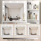Toeletta moderna con specchio e luci LED regolabili, grande scrivania da trucco con tre livelli di contenitori, tavolo da trucco per camere da letto