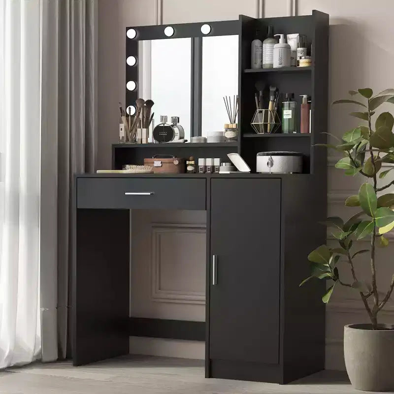 Toeletta moderna con specchio e luci LED regolabili, grande scrivania da trucco con tre livelli di contenitori, tavolo da trucco per camere da letto