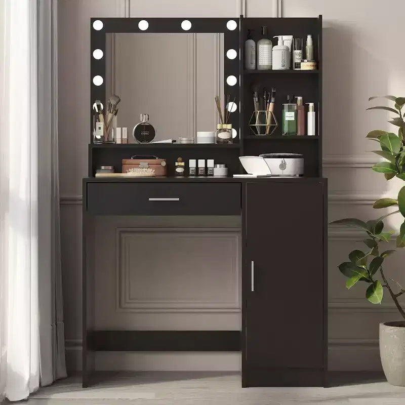 Toeletta moderna con specchio e luci LED regolabili, grande scrivania da trucco con tre livelli di contenitori, tavolo da trucco per camere da letto