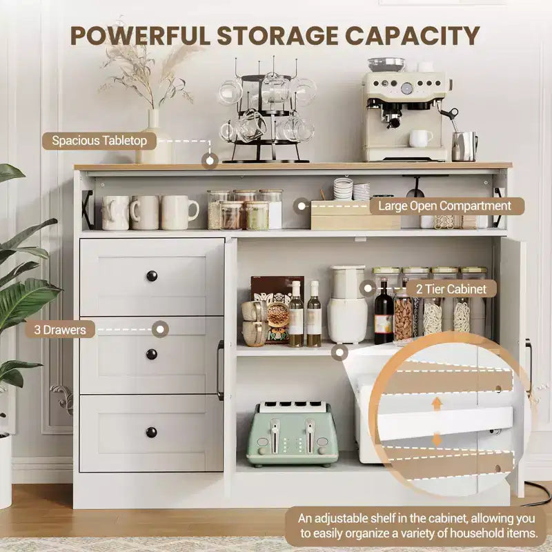 Mobile credenza da 47 pollici - Tavolino da caffè in legno con ante a chiusura ammortizzata e ripiano regolabile, armadietto dispensa da caffè per piccola cucina, monolocale