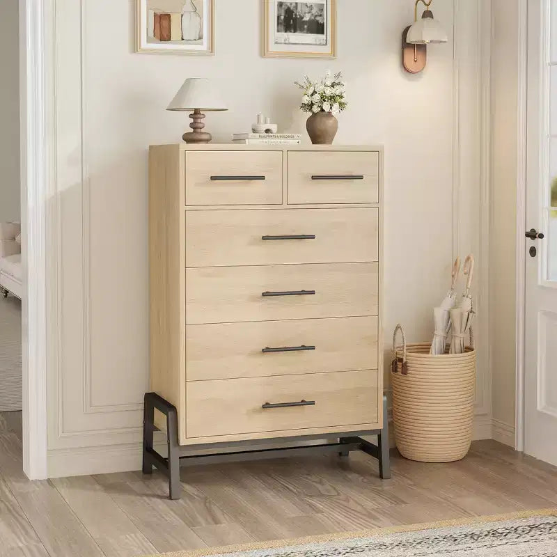 Cassettiera a 6 cassetti in rovere naturale, contenitore autoportante (altezza 118 cm) per camera da letto, soggiorno o ingresso