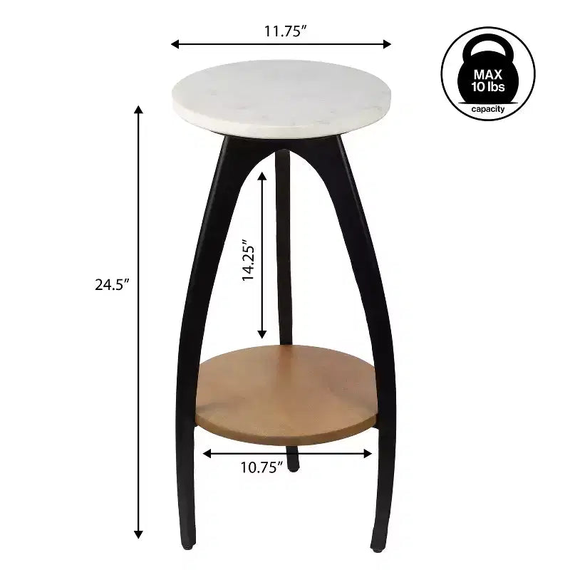 Tavolino portabevande a treppiede in metallo di design da 24,5 pollici e tavolino decorativo con ripiano rotondo in marmo bianco e ripiano inferiore in legno