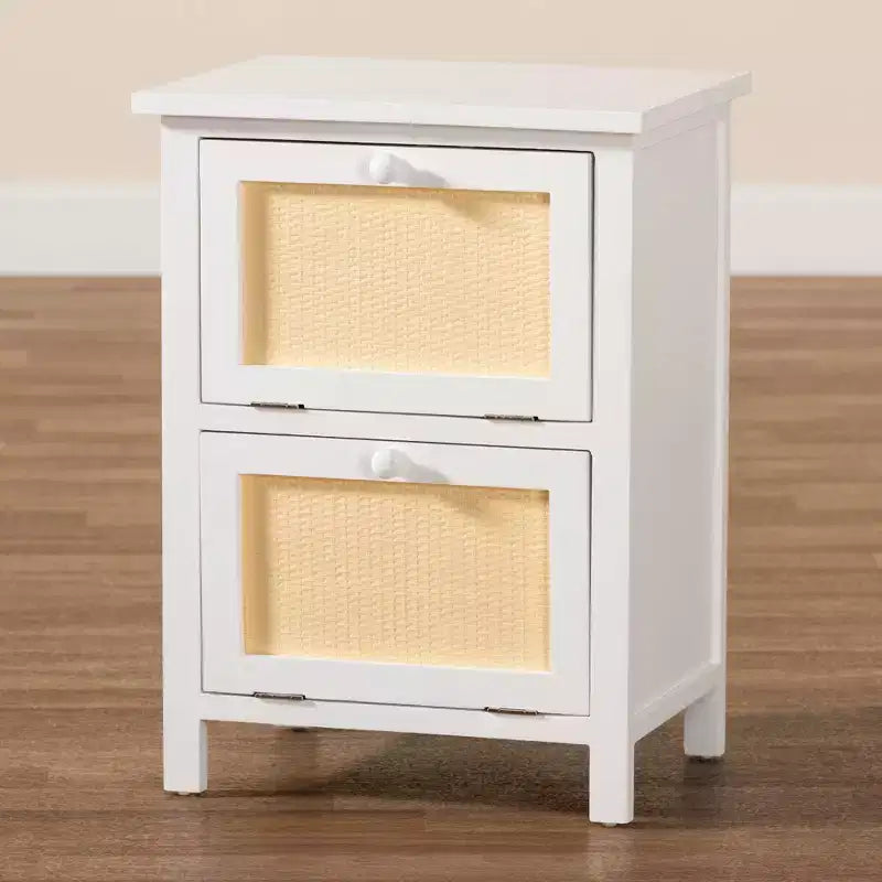 Comodino 2 ante in legno di rattan bianco
