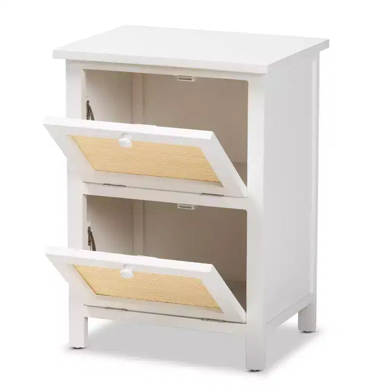 Comodino 2 ante in legno di rattan bianco