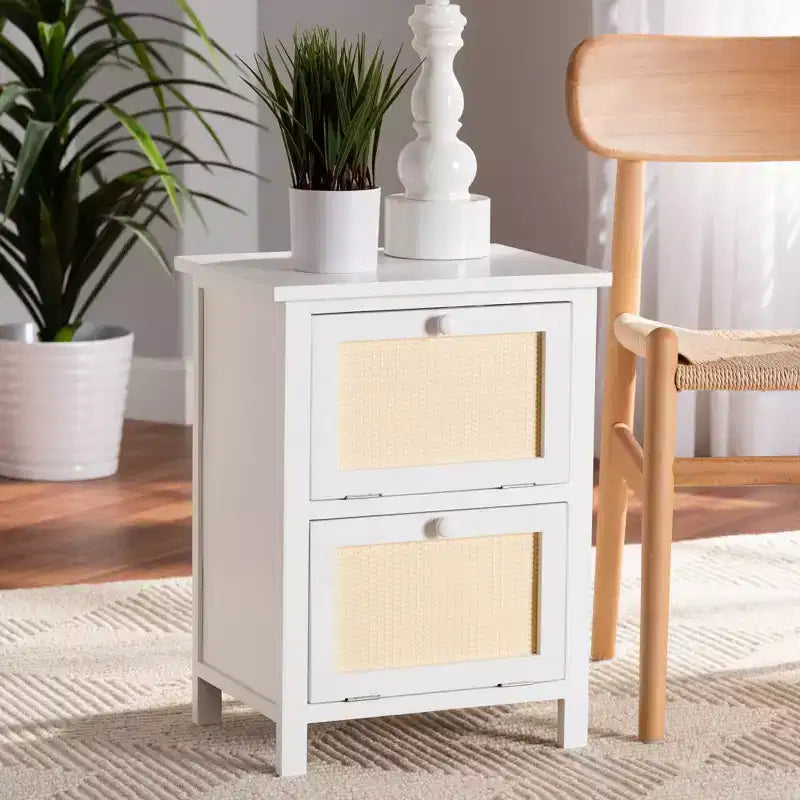 Comodino 2 ante in legno di rattan bianco