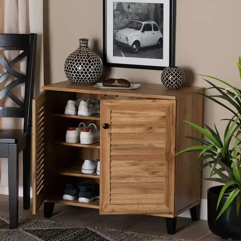 Mobile Contenitore a 2 Ante in Legno Marrone Rovere: Stile Nautico, 4 Ripiani Fissi, Struttura in Legno