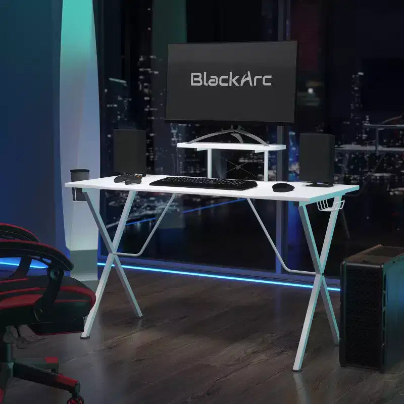 Scrivania da Gaming con Piano in Laminato e Telaio in Acciaio - Portabicchieri Rimovibile, Gancio per Cuffie e Supporto per Smartphone/Monitor