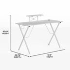 Scrivania da Gaming con Piano in Laminato e Telaio in Acciaio - Portabicchieri Rimovibile, Gancio per Cuffie e Supporto per Smartphone/Monitor