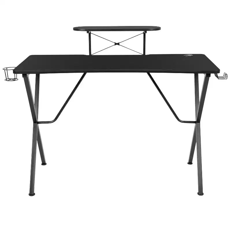 Scrivania da Gaming con Piano in Laminato e Telaio in Acciaio - Portabicchieri Rimovibile, Gancio per Cuffie e Supporto per Smartphone/Monitor