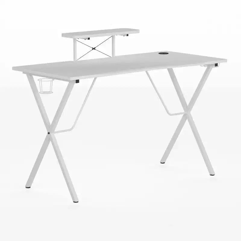 Scrivania da Gaming con Piano in Laminato e Telaio in Acciaio - Portabicchieri Rimovibile, Gancio per Cuffie e Supporto per Smartphone/Monitor