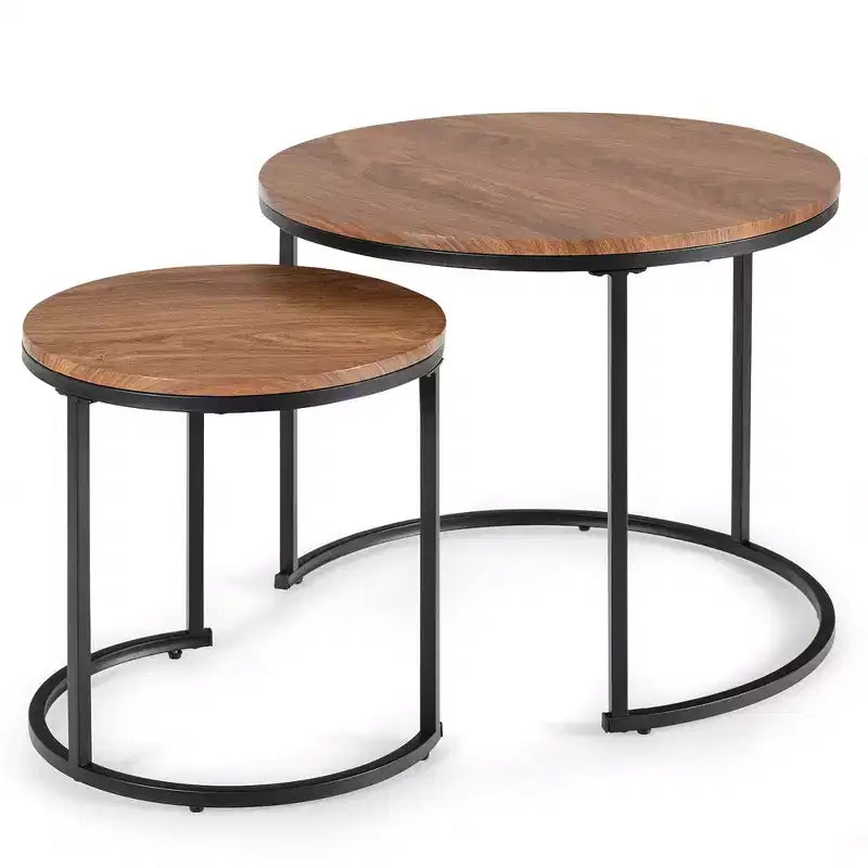 Tavolini da caffè impilabili, set da 2, per balcone, soggiorno, tavolini rotondi moderni, marrone rustico/marrone/oro