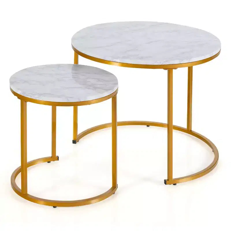 Tavolini da caffè impilabili, set da 2, per balcone, soggiorno, tavolini rotondi moderni, marrone rustico/marrone/oro