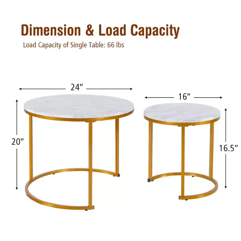 Tavolini da caffè impilabili, set da 2, per balcone, soggiorno, tavolini rotondi moderni, marrone rustico/marrone/oro