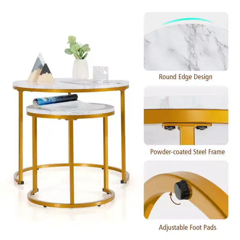 Tavolini da caffè impilabili, set da 2, per balcone, soggiorno, tavolini rotondi moderni, marrone rustico/marrone/oro