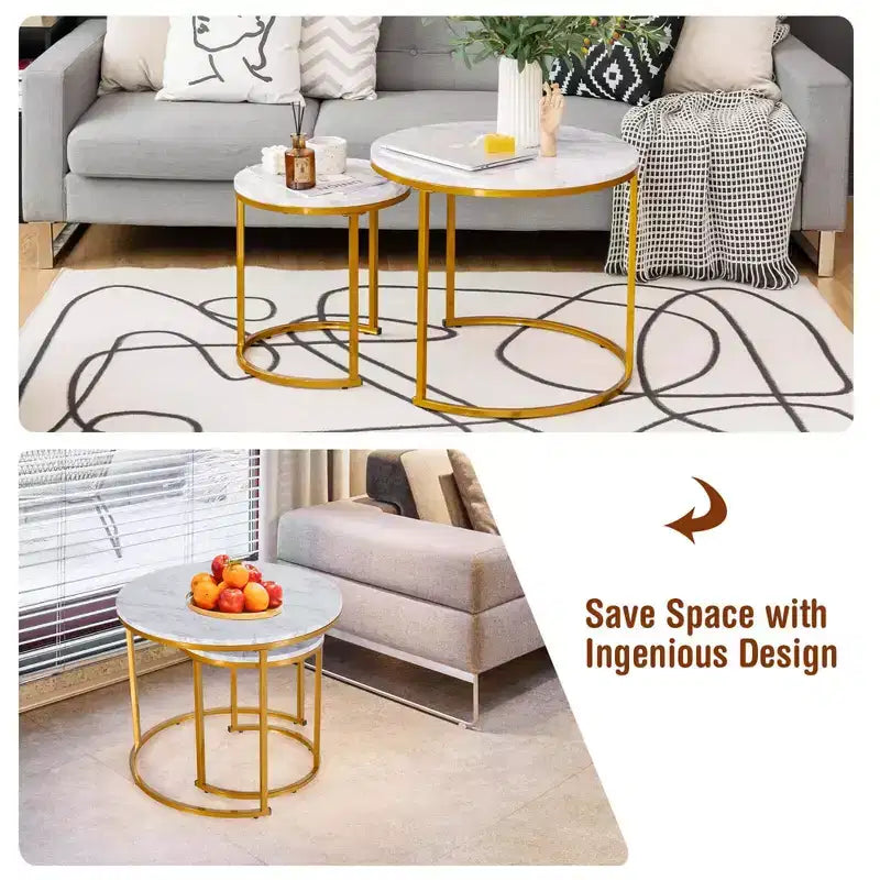 Tavolini da caffè impilabili, set da 2, per balcone, soggiorno, tavolini rotondi moderni, marrone rustico/marrone/oro