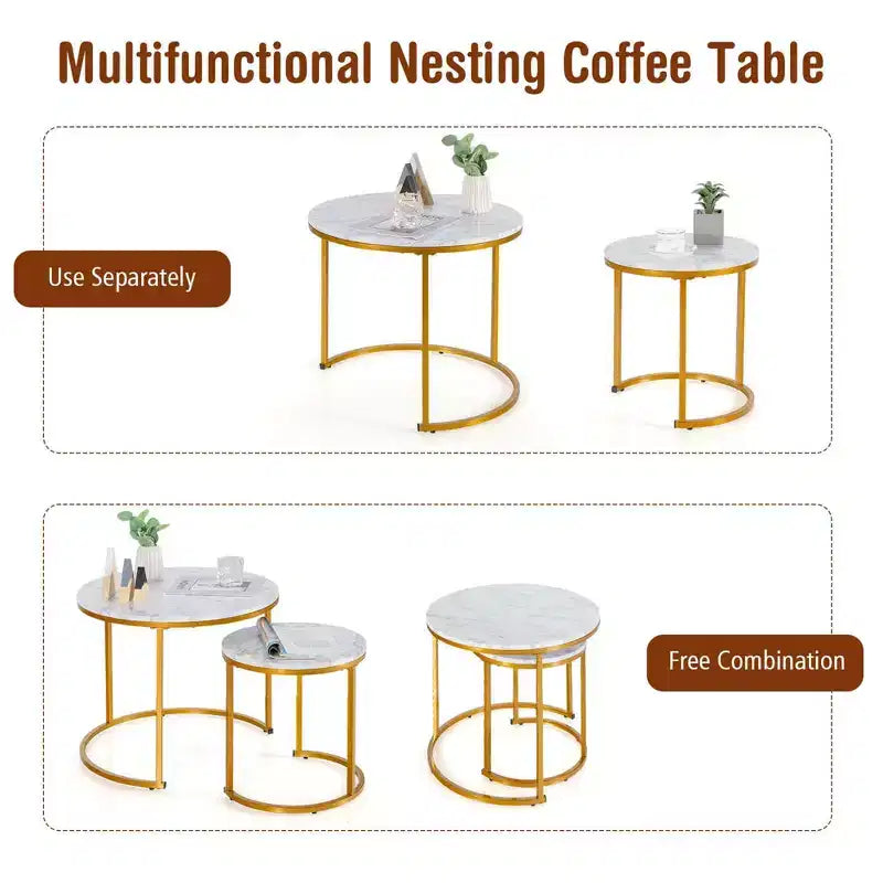 Tavolini da caffè impilabili, set da 2, per balcone, soggiorno, tavolini rotondi moderni, marrone rustico/marrone/oro