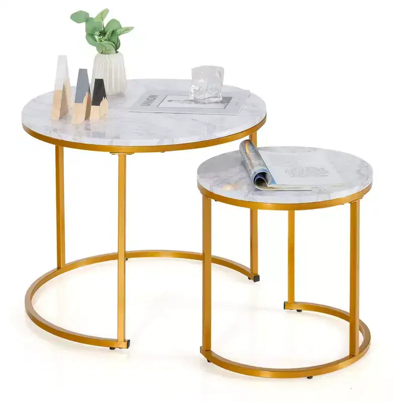 Tavolini da caffè impilabili, set da 2, per balcone, soggiorno, tavolini rotondi moderni, marrone rustico/marrone/oro