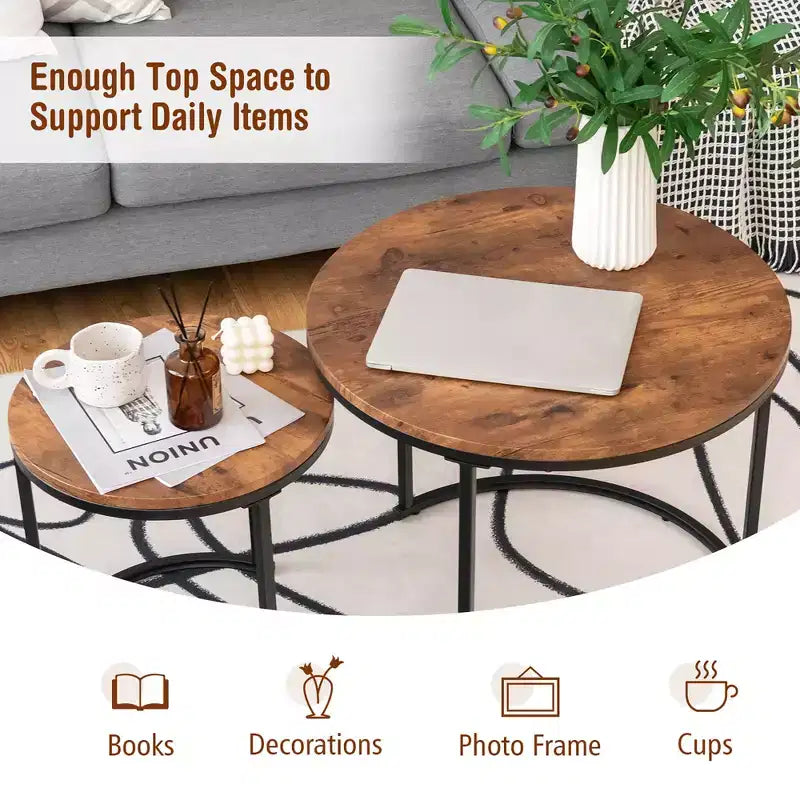 Tavolini da caffè impilabili, set da 2, per balcone, soggiorno, tavolini rotondi moderni, marrone rustico/marrone/oro