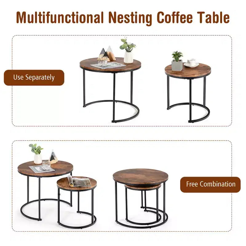 Tavolini da caffè impilabili, set da 2, per balcone, soggiorno, tavolini rotondi moderni, marrone rustico/marrone/oro