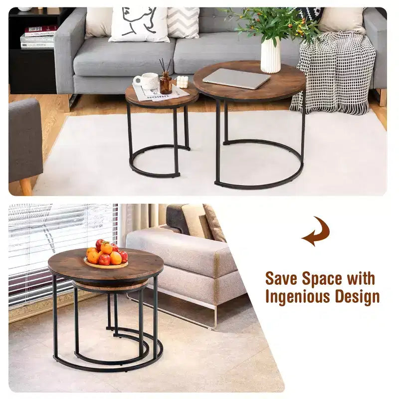 Tavolini da caffè impilabili, set da 2, per balcone, soggiorno, tavolini rotondi moderni, marrone rustico/marrone/oro