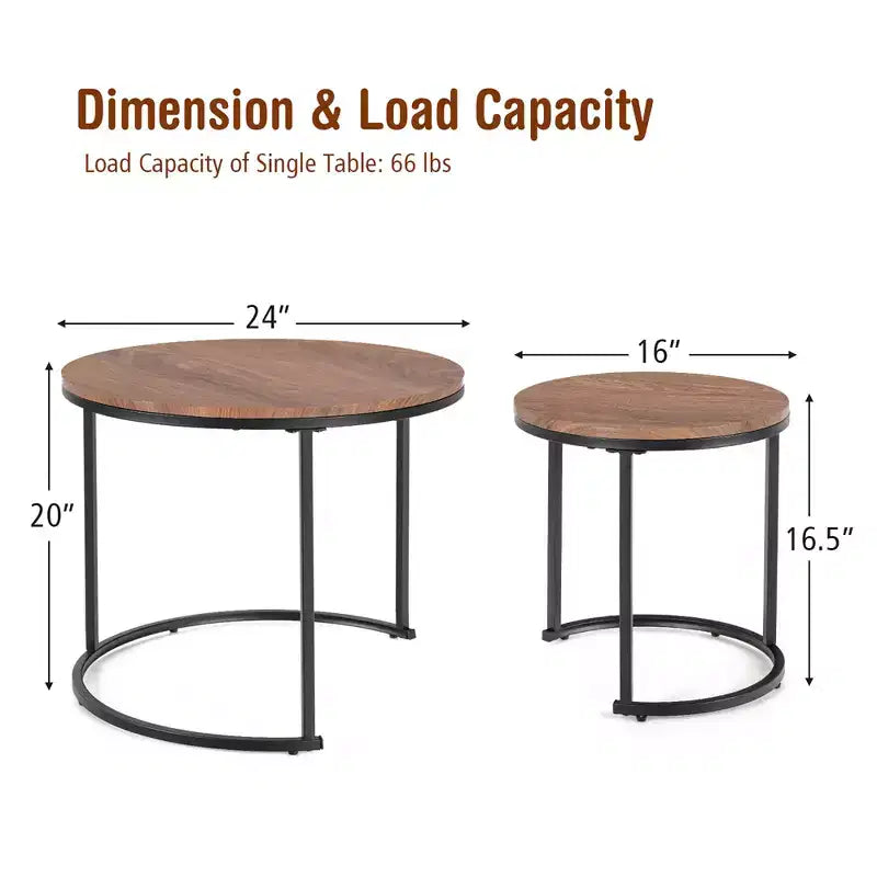 Tavolini da caffè impilabili, set da 2, per balcone, soggiorno, tavolini rotondi moderni, marrone rustico/marrone/oro