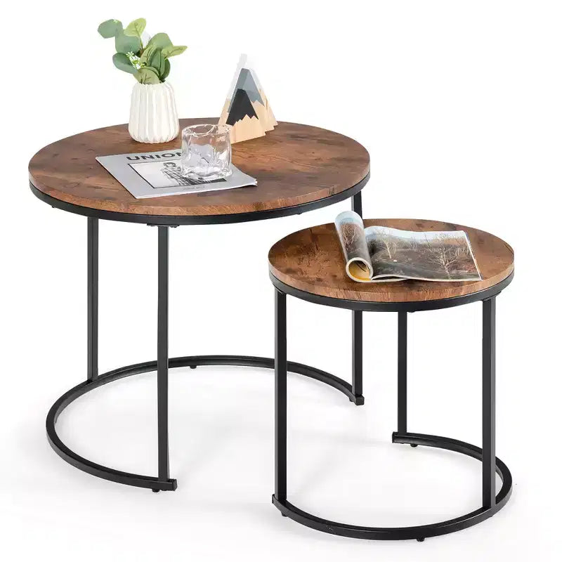 Tavolini da caffè impilabili, set da 2, per balcone, soggiorno, tavolini rotondi moderni, marrone rustico/marrone/oro