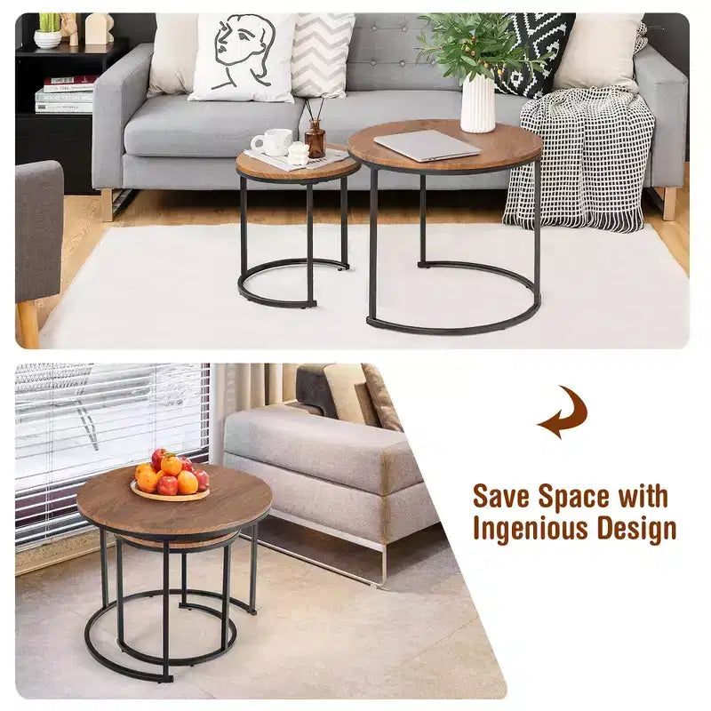 Tavolini da caffè impilabili, set da 2, per balcone, soggiorno, tavolini rotondi moderni, marrone rustico/marrone/oro