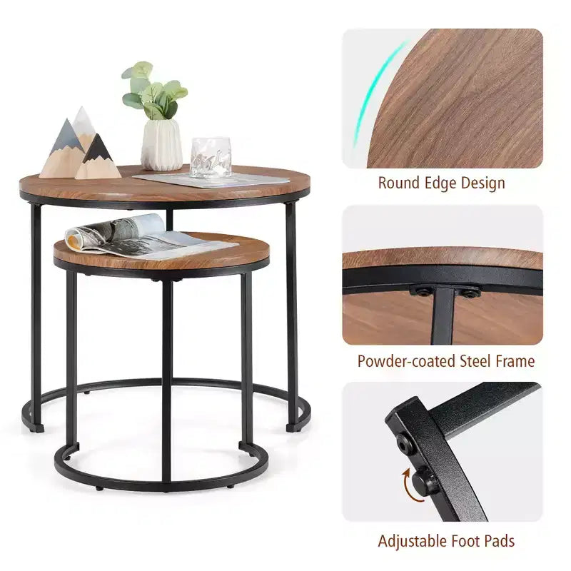 Tavolini da caffè impilabili, set da 2, per balcone, soggiorno, tavolini rotondi moderni, marrone rustico/marrone/oro