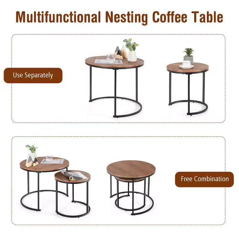 Tavolini da caffè impilabili, set da 2, per balcone, soggiorno, tavolini rotondi moderni, marrone rustico/marrone/oro