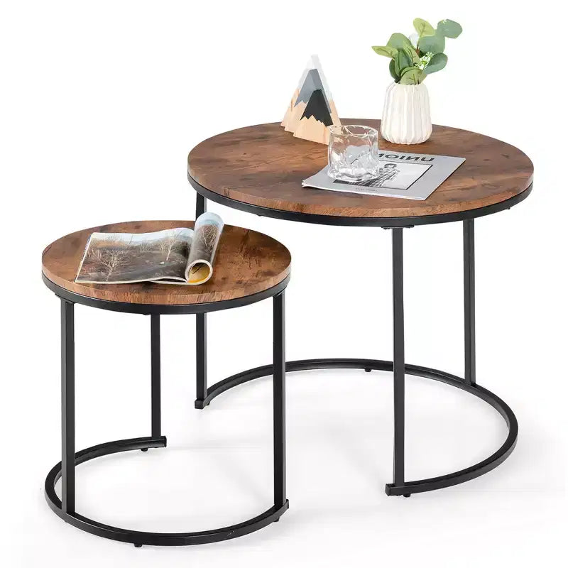 Tavolini da caffè impilabili, set da 2, per balcone, soggiorno, tavolini rotondi moderni, marrone rustico/marrone/oro